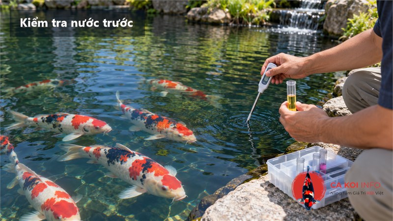 Người nuôi kiểm tra nước hồ có đàn cá Koi