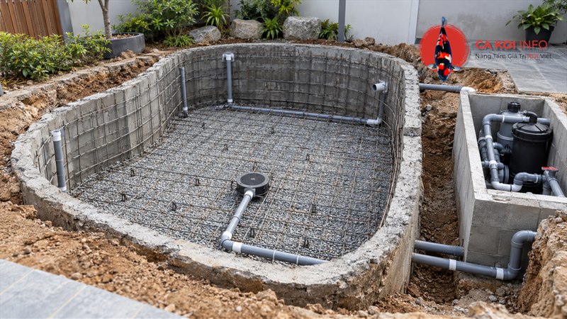Hố hồ Koi mini có cốt thép, hút đáy và đường ống nối khoang lọc